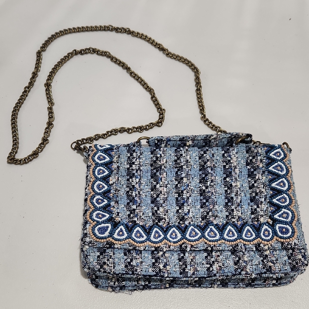 America & Beyond Blue Beaded Tweed Shoulder Crossbody Clutch Purse